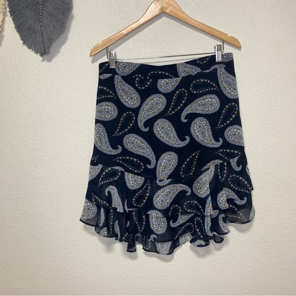 NWOT L LOFT Outlet Paisley Print Ruffled Flowy Lined Navy Mimi Skirt - Picture 1 of 10